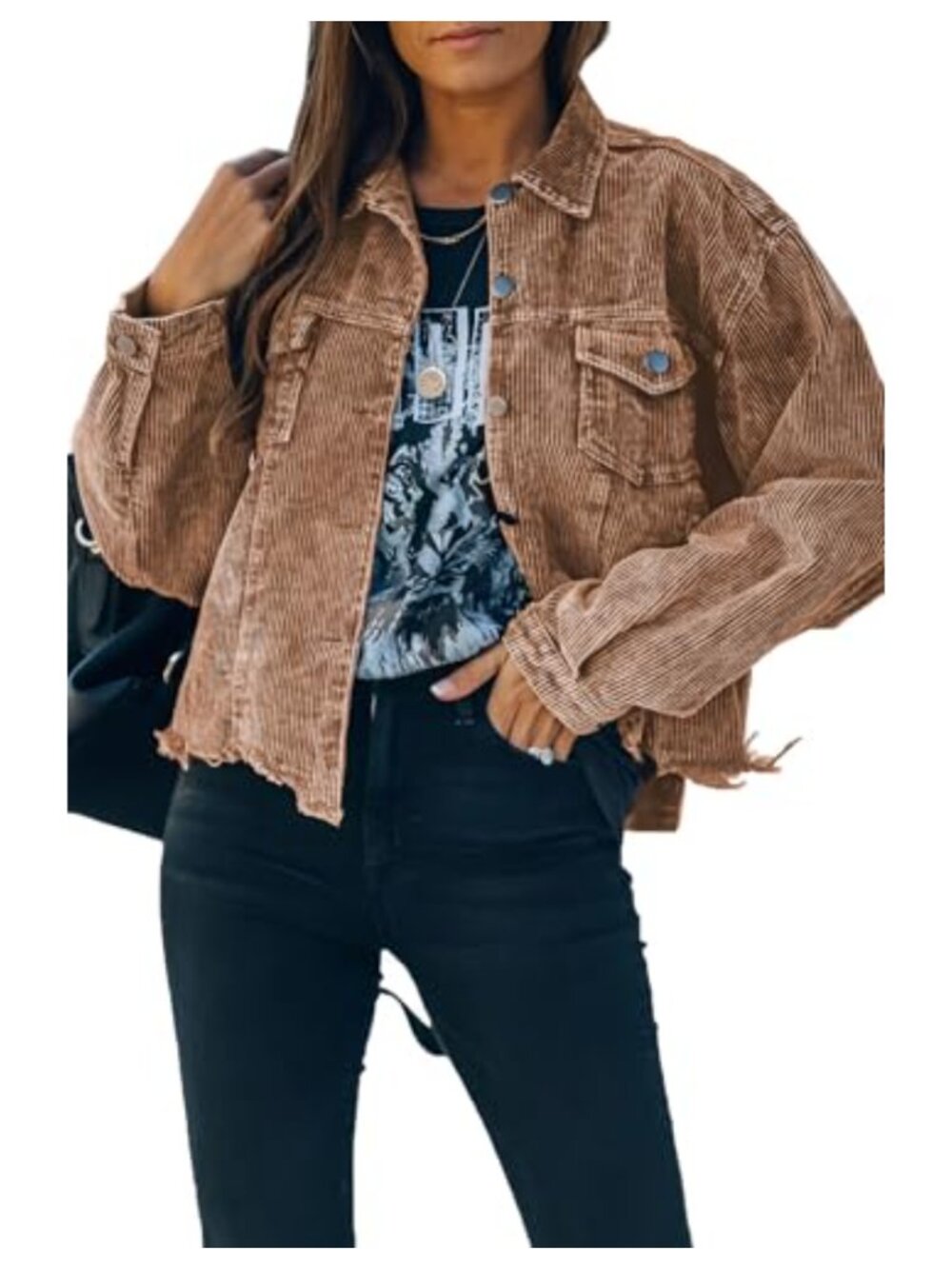 Corduroy Cropped Jacket Button Down Shacket Womens Fall Casual